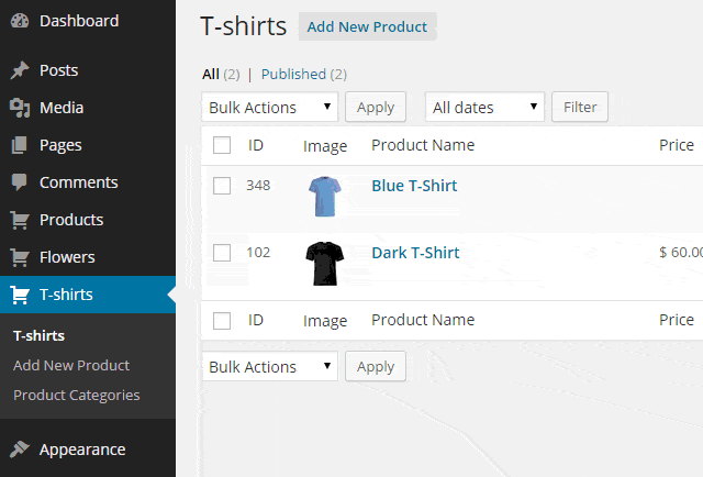 T-Shirts Catalog Admin Screen Example