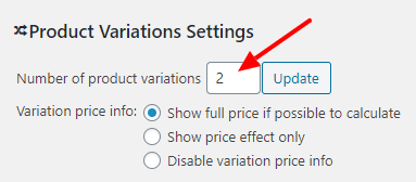 Number of product variations settings screen