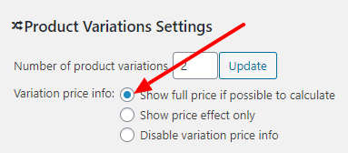 Variation Price Info settings screenshot