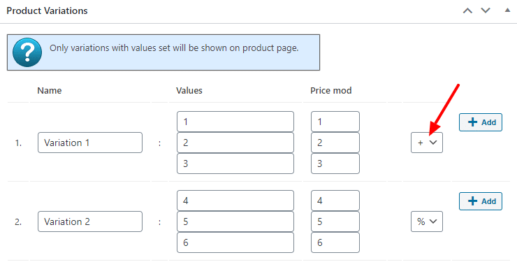 Variations Price Modification settings screenshot