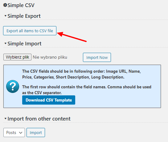 Simple product export settings screenshot