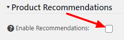 Product Recommendations Enable settings screen