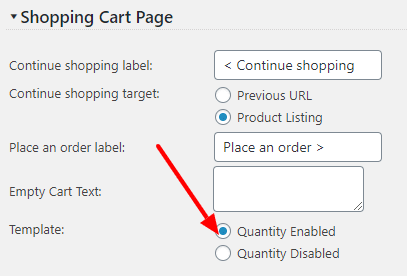 Shopping Cart Page Template settings screen