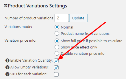 Variation Quantity Checkbox settings screen