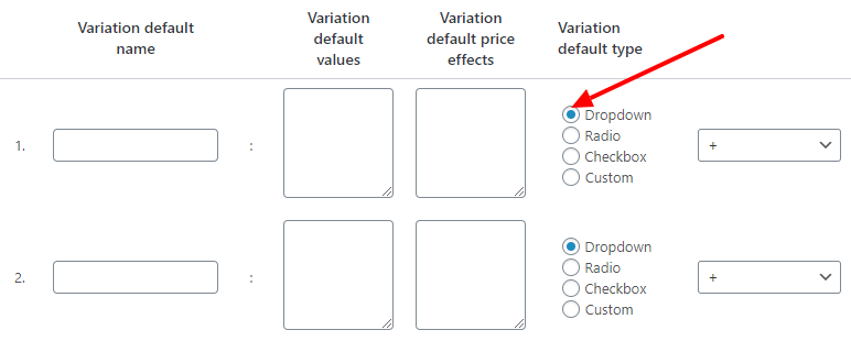 Variation Type Default settings screenshot