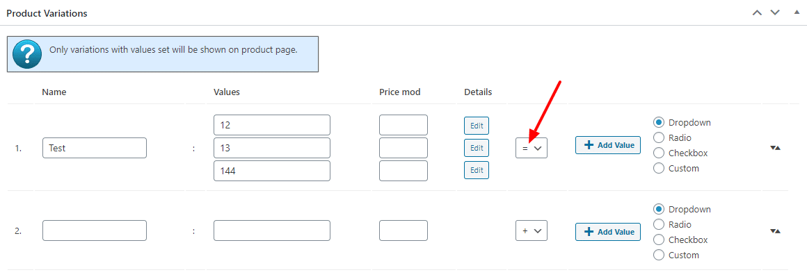 Variations Price Mod Dropdown settings screenshot