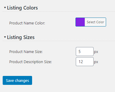 Product Listing Customization Settings screenshot