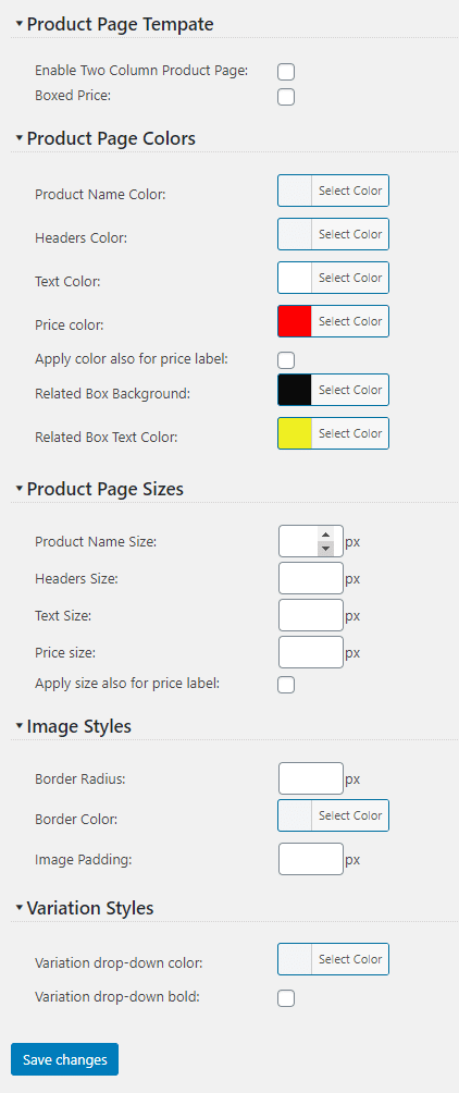 Product Page Styling Adjustments settings screenshot