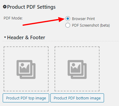 Product Print PDF Mode screen settings
