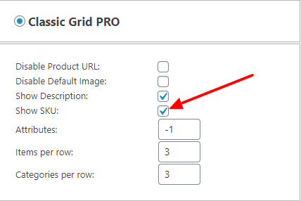 Display SKU Checkbox in Classic Grid PRO Settings