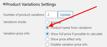 Product Name from Variations enable settings