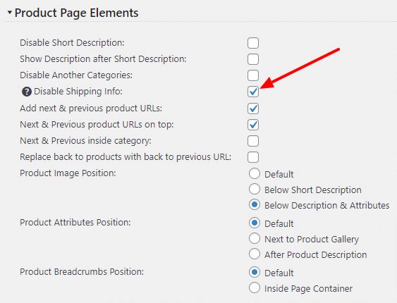 Disable shipping info on the product page settings checkbox