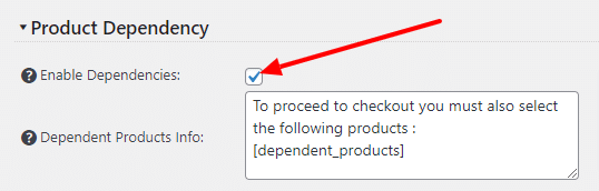 Dependent products section in settings
